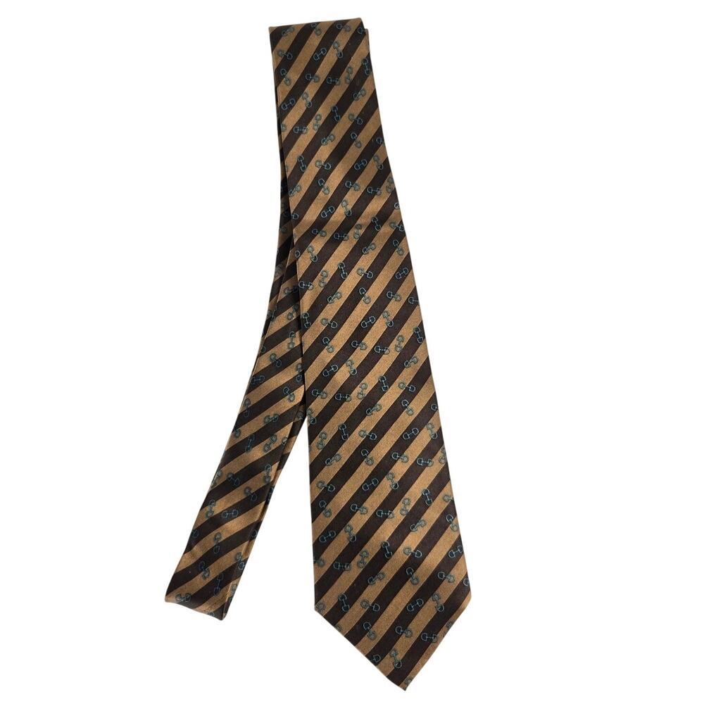 Vintage Sinsabang 100% Silk Tie Brown Tan Blue Classic Pattern Luxury Necktie